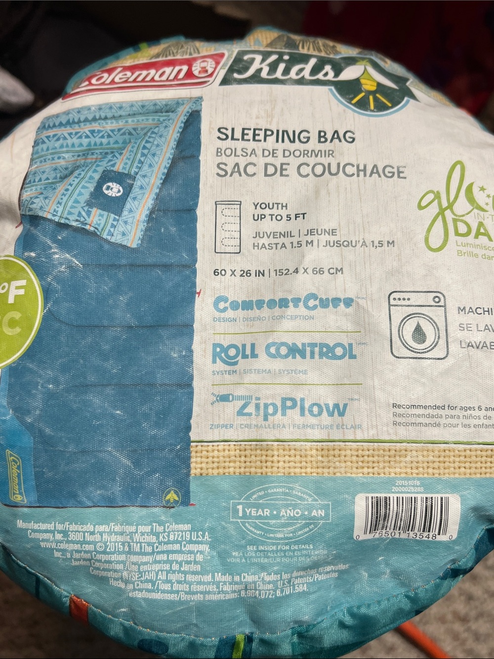 Coleman Blue Youth Patterned Sleeping Bag with Teal Accents